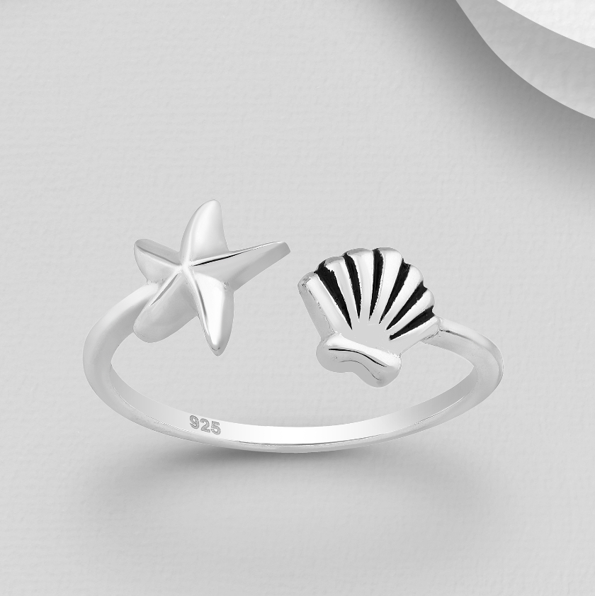 925 Sterling Silver Adjustable Shell and Starfish Ring