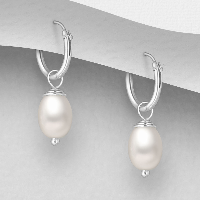 925 Sterling Silver Hoops Earrings with Freshwater Pearls