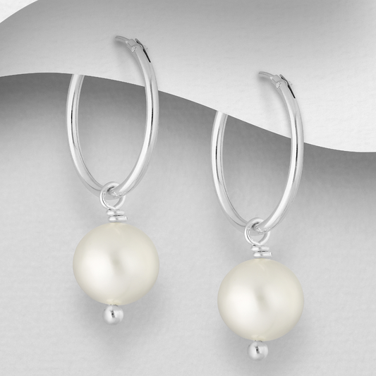 925 Sterling Silver Hoops Earrings with Freshwater Pearls